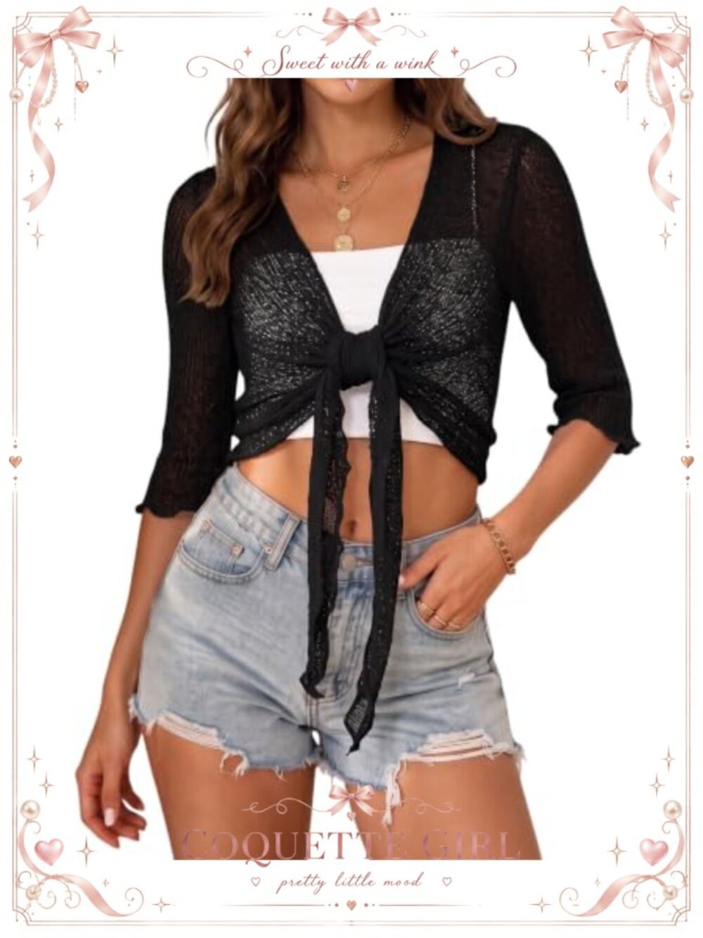 Sheer Mesh Shrug Cardigan 3/4 Sleeve Crochet Cover Up Tie Front